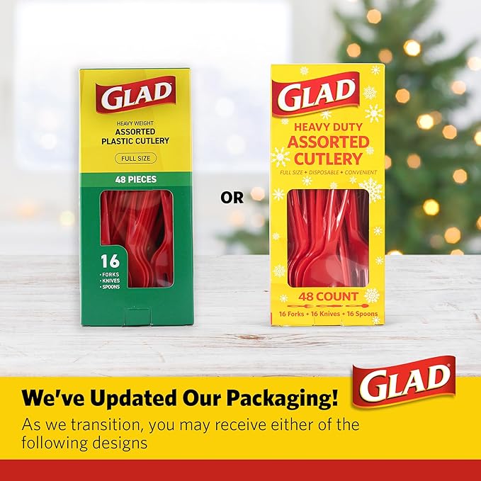 Glad Assorted Plastic Cutlery Set | Extra Heavy Duty Red Forks, Knives, and Spoons | 48 Piece Disposable Party Utensils, Sturdy Cutlery