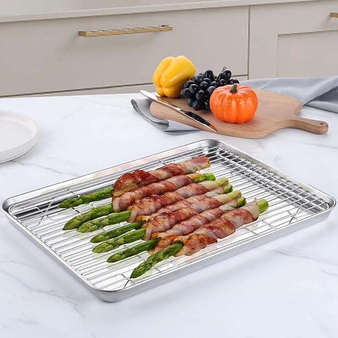 Homikit Baking Sheet with Rack Set (2 Pans+2 Racks), 18x13 Inches Stainless Steel Half Cookie Sheets with Cooling Racks Non Toxic, Large Bacon Crisp Trays for Oven Baking Cooking, Dishwasher Safe