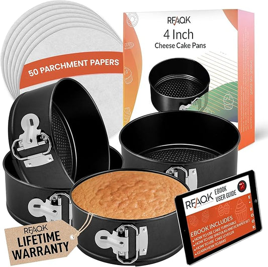 RFAQK 4-Inch Mini Cake Pans Set for Baking - Nonstick 4PCs Small Cheese Pans for Cheesecakes, Pizzas, Quiches, and More! Perfect for Baking Small, Smash, and Mini Treats