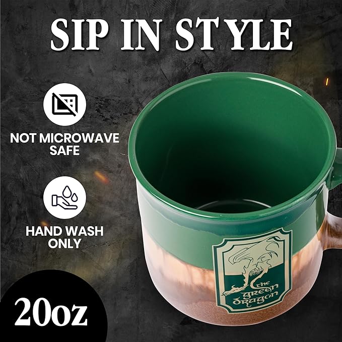 Silver Buffalo The Lord of The Rings Reactive Glaze Ceramic Camper Mug Featuring The Green Dragon, 20 Ounces