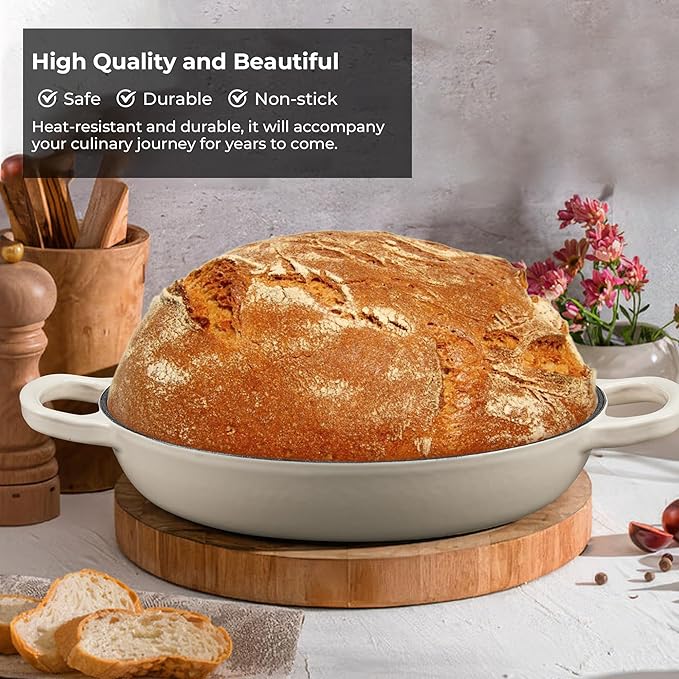 Cast Iron Bread Oven for Sourdough, 6Qt Bread Baking Pan with Lid, Enameled Sourdough Dutch Oven for Bread Baking, Oven Safe up to 482℉, Latte