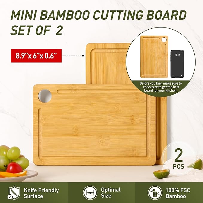 2 Packs Small Bamboo Wood Cutting Board for Kitchen 8.6" x 6" Mini Wooden Charcuterie Boards Lightweight Chopping Board Non Toxic Serving Board Tiny Chef Set Camping Fruit Lemon Sandwich Cheese Board