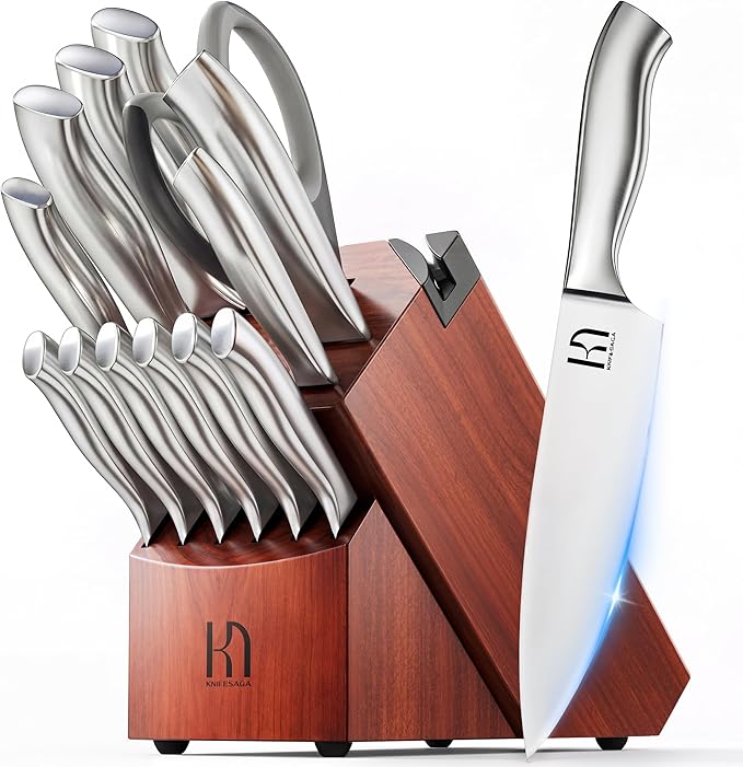 Kitchen Knife Block Set, Enduring Sharpness Premium Knife Set with Block, 14 Pcs Japanese High Carbon Stainless Steel Knives Set for Kitchen, Chef Knife Set with Block and Built in Sharpener