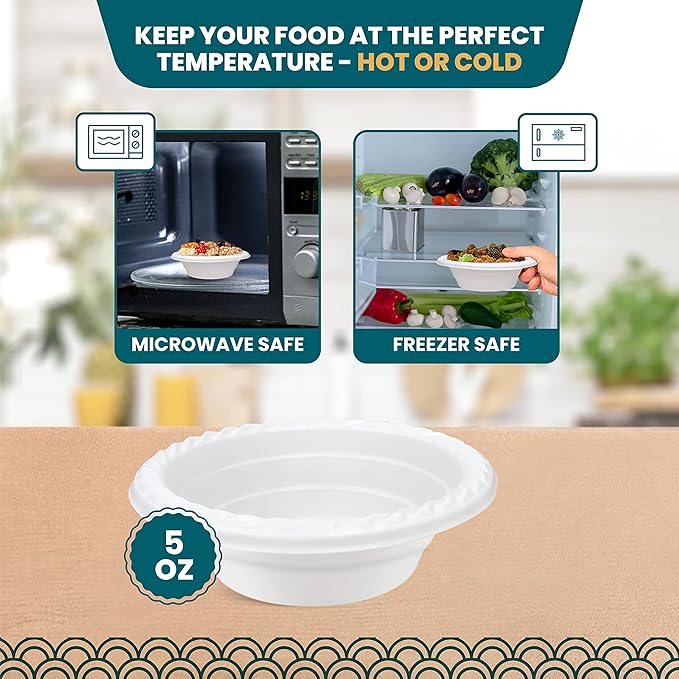 R-kay Plastic Bowls - 100 Count Microwavable Disposable Bowls - Strong Heavy Duty And Sturdy White Plastic Bowls Disposable (5 OZ, 100)