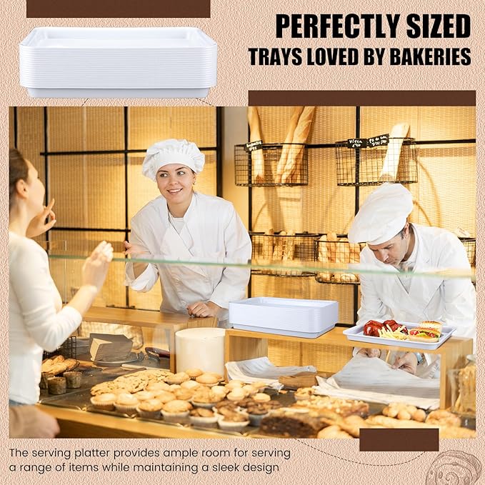 20 Pcs Plastic Serving Trays Bulk Plastic Serving Platters Reusable Rectangle Food Tray Stackable Party Trays for Dinner Snack Dessert in School Cafeteria(White,16 X 11)