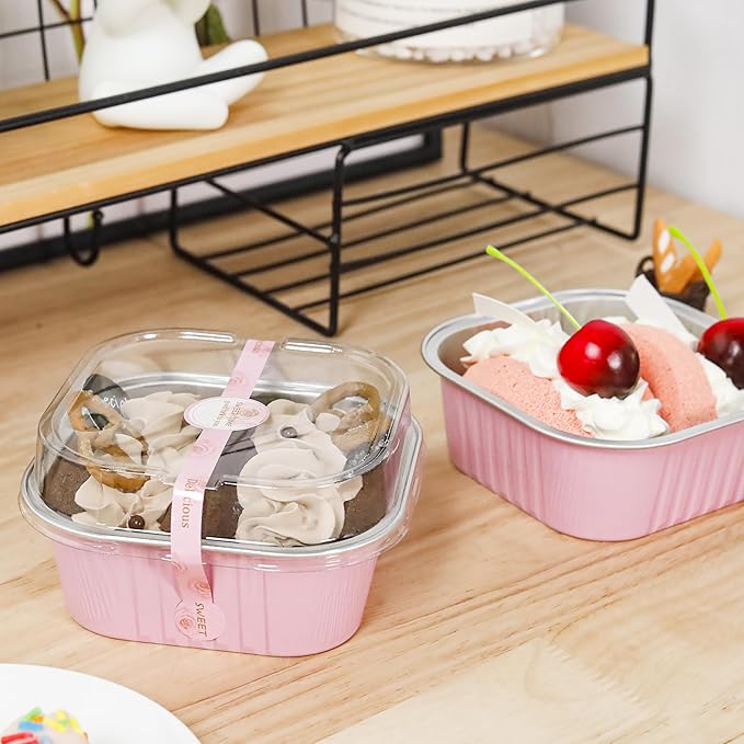 60 pack Mini Cake Pans with Lids Foil Pans Square Aluminum Pans with Lids Cupcake Liners for Birthday Wedding Party Gift (Pink, 10 oz)