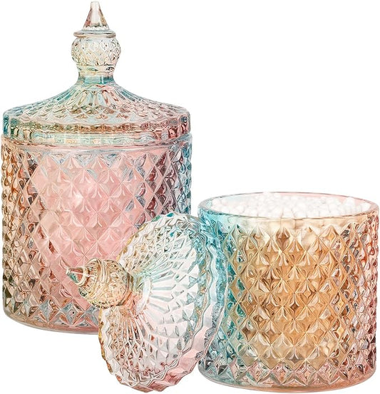 2 Pack Qtip Holder Glass Bathroom Accessories Vanity Organizers and Makeup Storage for Cotton Swabs, Balls, Pads, Floss Picks, Candy, Small and Large Rainbow