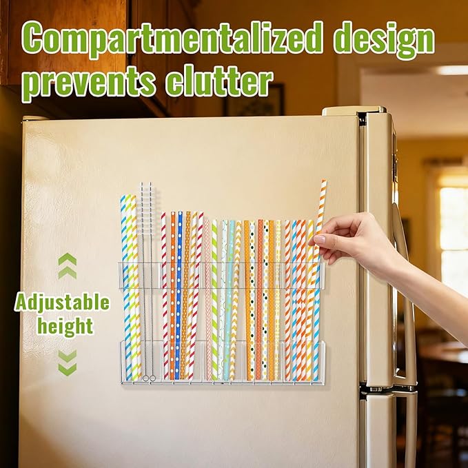 9.5” Large Acrylic Straw Holder for Cabinet Door 2 pack - Reusable tumbler straw organizer, Compact Kitchen Gadget Container, adhesive cupboard door organizer (Transparent)
