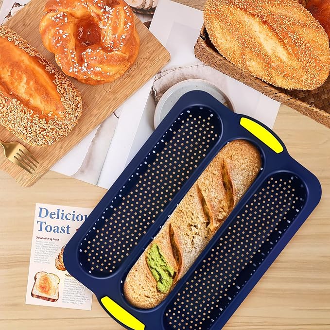 2 Pcs Silicone Baguette Bread Pan, Non-Stick Bread Loaf Pan Food Grade, 3-Cavity Perforated French Baking Mold for Homemade Bread, French Baguette, Sandwich Rolls
