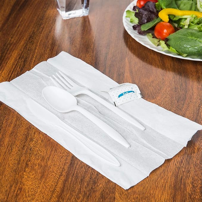 250 White Plastic Cutlery Packets - Knife, Fork, Spoon & Napkin Sets with Salt & Pepper - Individually Wrapped, Disposable Silverware