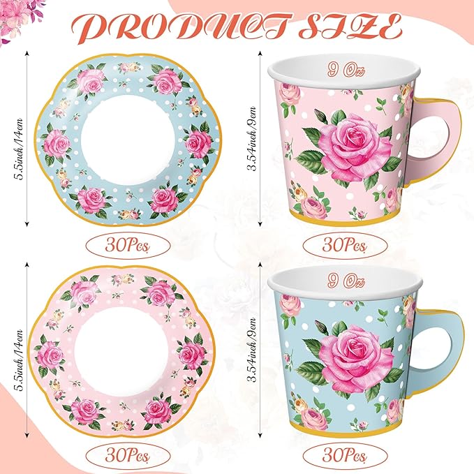 Umigy 60 Sets Spring Tea Party Decorations 9 oz Floral Paper Teacups & Saucer Set for Girls Women Afternoon Tea Parties Mothers Day Bridal Shower Wedding Birthday Party Decorations(Pink, Blue)