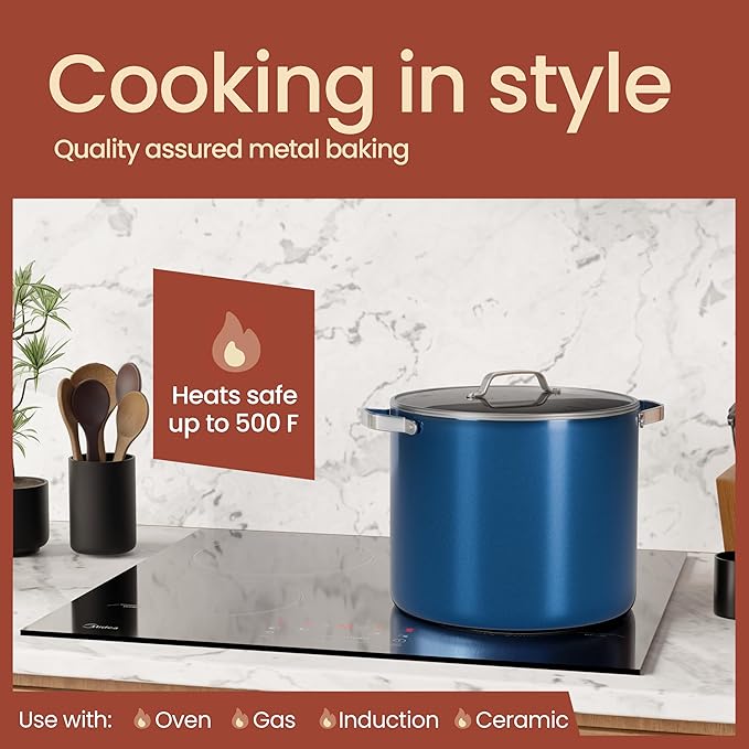 Bakken 12.5 Quart Ceramic Coated Stock Pot with Lid, Easy Clean Nonstick Pot, Tempered Glass Lid, Riveted Stainless Steel Handles, Oven Safe Up To 500°F, PTFE & PFAS Free, All Stove Compatible, Blue
