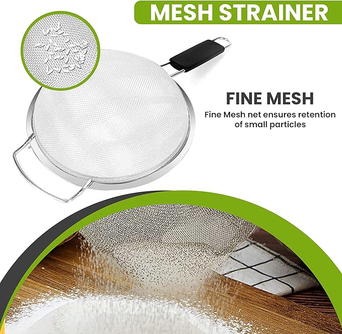 8" Large Fine Mesh Strainer with thermo plastic rubber handle - Sieve Fine Mesh Stainless Steel - Ideal to Strain Pasta, Quinoa and Rice.
