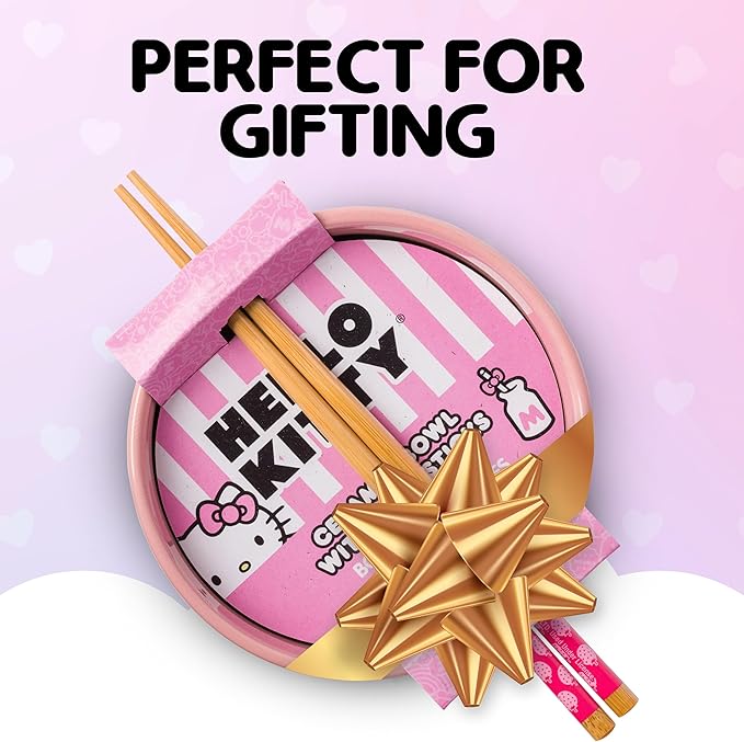 Silver Buffalo Sanrio Hello Kitty Strawberry Milk Japanese Character Ceramic Ramen Noodle Rice Bowl with Chopsticks, Microwave Safe, Pink, 20 Ounces