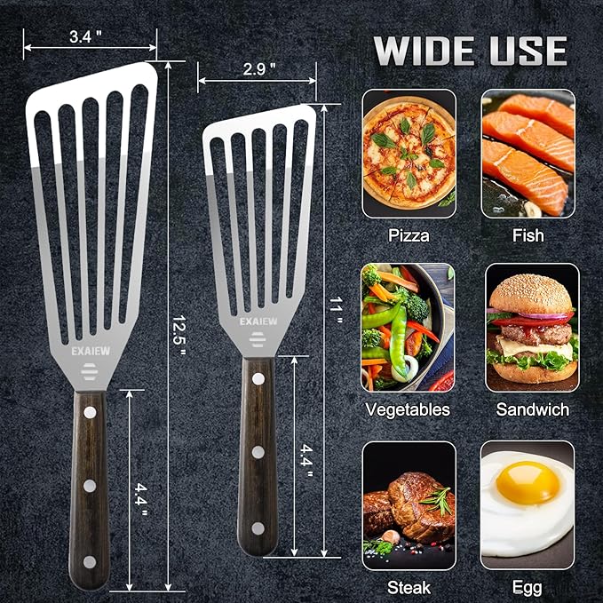 2 Pack Fish Spatula Stainless Steel, Flexible Fish Turner Spatula Perfect for Flipping Eggs, Burgers and Baking, Durable Lightweight Metal Kitchen Slotted Turner for Cooking & BBQ, Christmas gifts