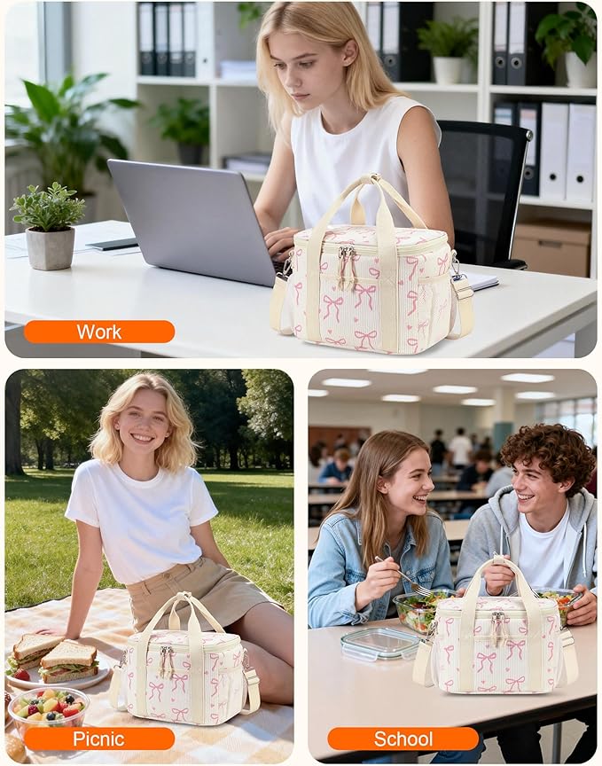 LOIDOU Lunch Box for Women Men Cute Insulated Corduroy Lunch Bag Cooler Leakproof Reusable Adult Lunchbox Adjustable Strap Pink bow lunch tote for Work Office Beach Picnic, Bow