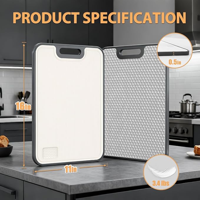 18/8 Stainless Steel Cutting Board, Large Double Sided Chopping Board for Kitchen (17x12"), Food-Grade 304 & Wheat Straw PP, Deep Juice Grooves, non Toxic, Non-Slip & Dishwasher Safe