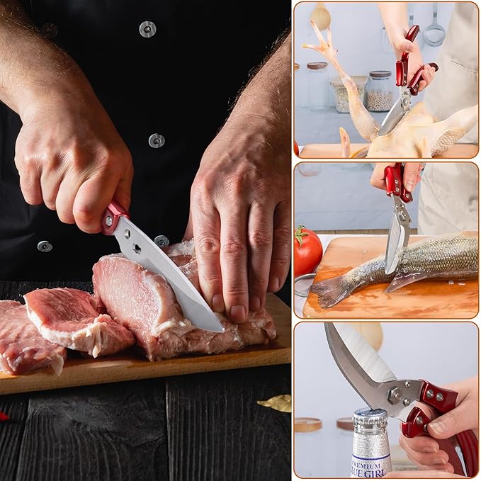 Kitchen Shears turkey shears for food - Stainless Steel Poultry Shears Heavy Duty for Meat Bones Seafood, All Purpose Food Scissors, Detachable Blades, Ergonomic Handle, Dishwasher Safe, Red