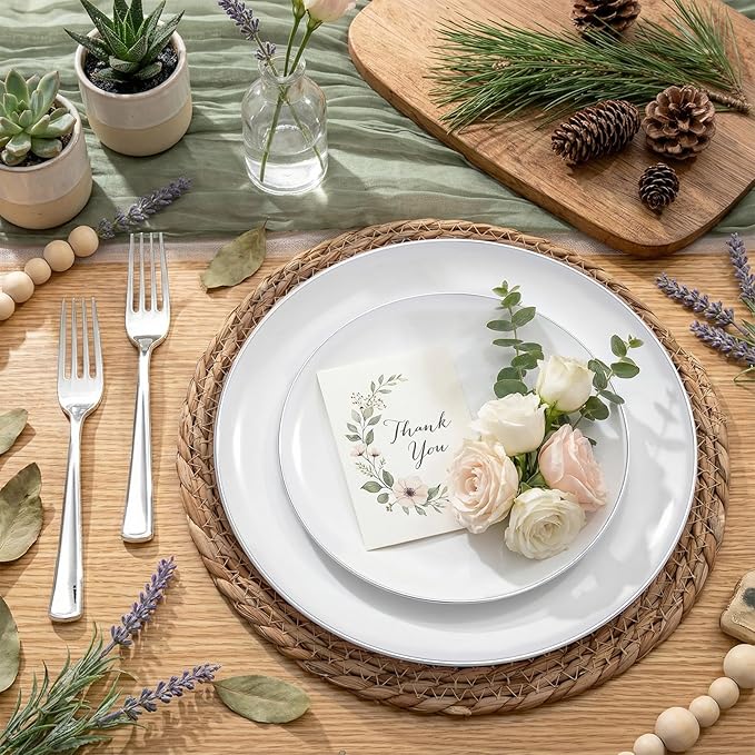 KIRE 200PCS Silver Plastic Plates - White Plastic Plates with Silver Rim Include 100 Dinner Plate and 100 for Dessert/Salad Plate for Birthday/Wedding/Party