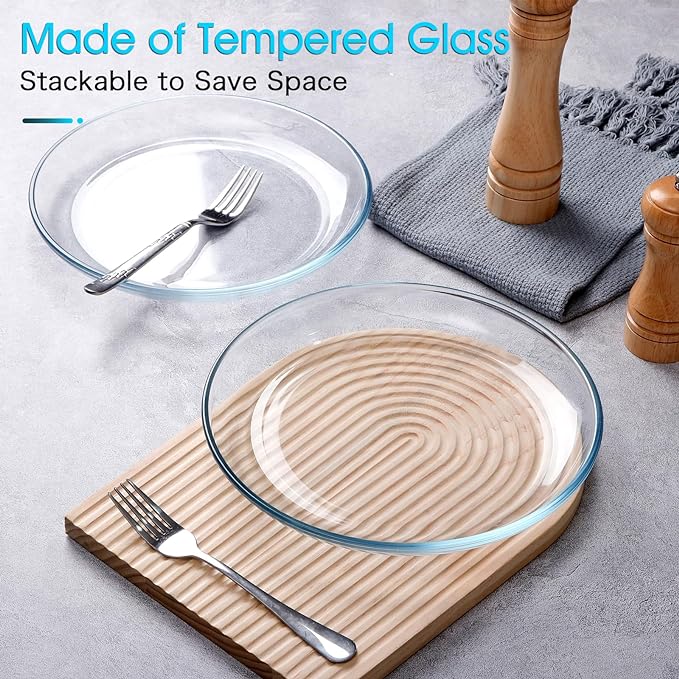NUTRIUPS 2 Pack 10 inch Glass Plates - with Lipped Edge - Clear Tempered Glass Dinner Plates, Glass Serving Dinnerware for Pasta, Salad, Dishwasher and Microwave Safe