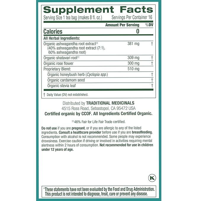 Traditional Medicinals Organic, Stress Ease Calm with Adaptogens, Ashwagandha & Honeybush - Promotes Relaxation - Kosher, Non-GMO, Caffeine-Free, Compostable - 16 Tea Bags (Pack of 2)