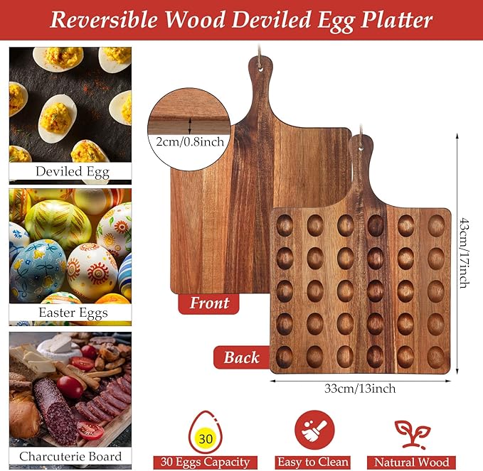 Gerrii Reversible Wooden Deviled Egg Platter Deviled Egg Tray Charcuterie Board Cutting Board Cheese Serving Tray for Home Kitchen(13 x 17 Inch, 30 Holes)