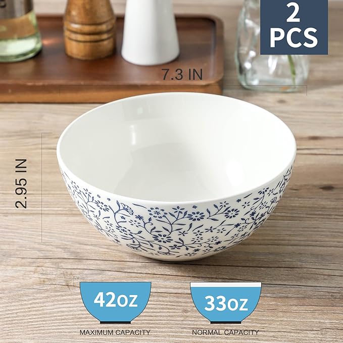 Ceramic Soup Bowls Set of 2, Large Pho Bowls 42oz, Blue Serving Bowls for Breakfast, Japanese White and Blue Bowls for Cereal Salad, Rice, Snack, Raman, Pasta, Fruit, Microwave Dishwasher Safe, 7 inch