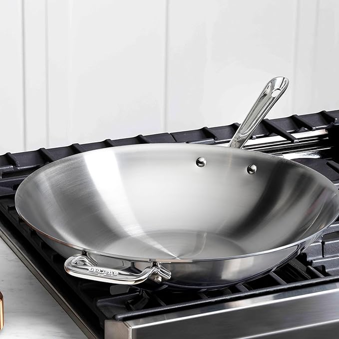 All-Clad D3 3-Ply Stainless Steel Wok 14-Inch, Induction Compatible, Oven Broiler Safe 600F, Stir-Fry Pan, Fast and Even Heat, Cookware, Frying Pan, Kitchen Essential, Pots and Pans, Silver