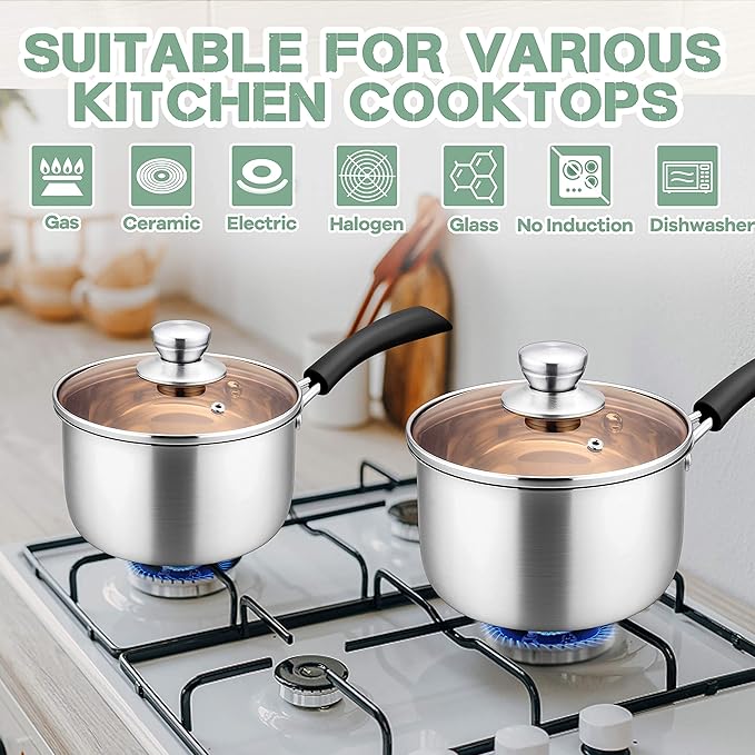 Herogo 1 Quart & 2 Quart Saucepan Set with Lid, 18/10 Stainless Steel Sauce Pan Pot, 2Qt 1Qt Saucepan for Home Kitchen Restaurant, Dishwasher Safe