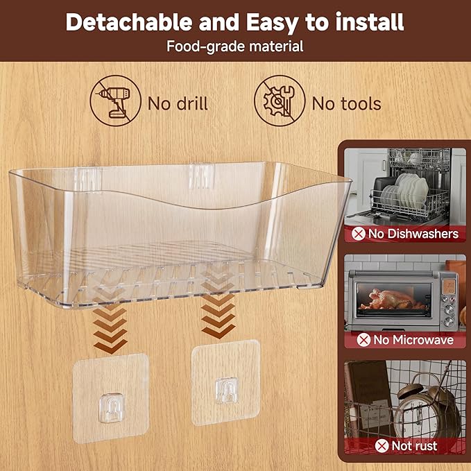 4-Pack Large Cabinet Door Organizer, 11.4" Wall Mounted Pantry Organizers and Storage, Space Saving, Drain Bottom, Adhesive Clear Plastic Storage Bins for Kitchen, Refrigerator, Countertop, Under Sink