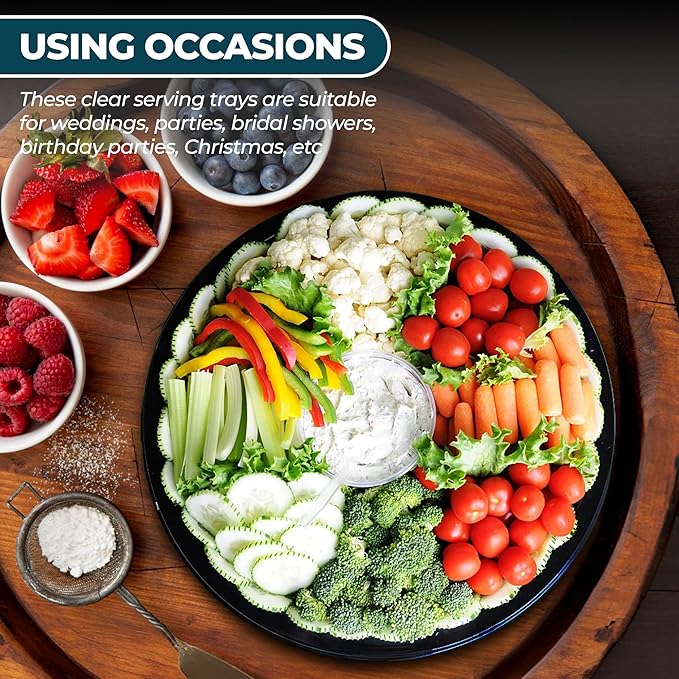 12" Catering Trays with Lids [10 Pack], Black Serving Tray with Clear Lid, Plastic Disposable Round Party Trays and Platters, Flan Containers with Lids, Dessert Sandwich Cookie Food Trays for Parties