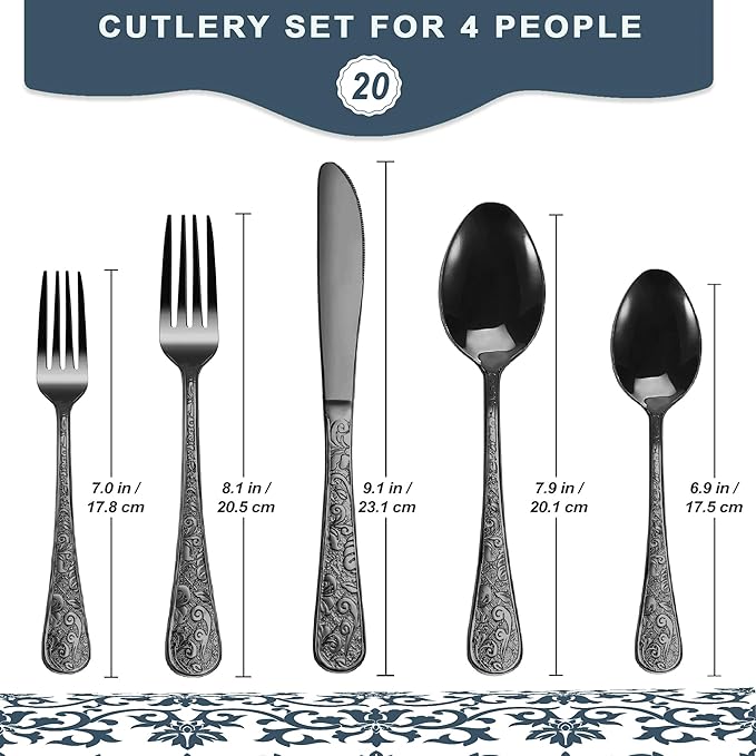 Runfly Vintage Carved Black Stainless Steel 20 Pieces Flatware Set, Black Silverware Set, Modern Embossed Cutlery Set Utensils Including Fork Spoon and Knife