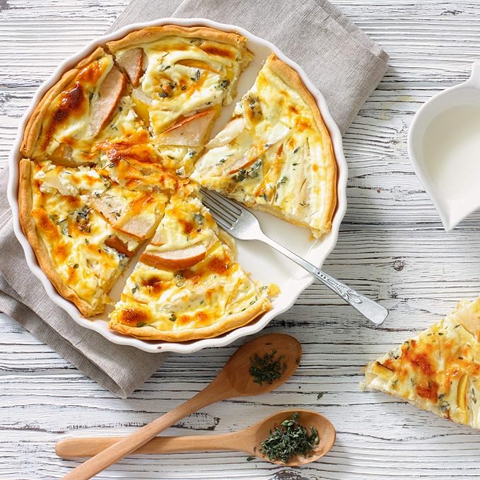 DELLING Set of 2 Ceramic Tart Pans, 9.5 inch Quiche Pan, Fluted Edge Quiche Baking Dish/Pie Pan, Perfect for Baking Tart Pies and Chicken Pot Pie, Cheesecake, Creme Brulee, Round, White