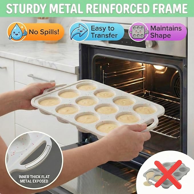 2-Pack Silicone Muffin Pan for Baking with Metal Reinforced Frame -12 Cup Regular Size Cupcake Pan, BPA Free Silicone Muffin Tray - Cupcake Baking Pan Molds for Oven & Dishwasher Safe