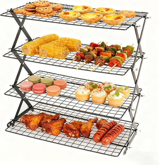 4-Tier Collapsible Cooling Rack - Adjustable Stackable Cooling Rack for Cooking and Baking, 16" x 10" Cookie Cooling Rack, Drying Rack - Black