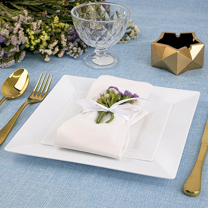 SETUP [Case of 300] Combo White Square Plastic Plates - Premium Heavy-Duty 150 Disposable 9.5" Dinner Party Plates and 150 Disposable 6.5" Salad Plates