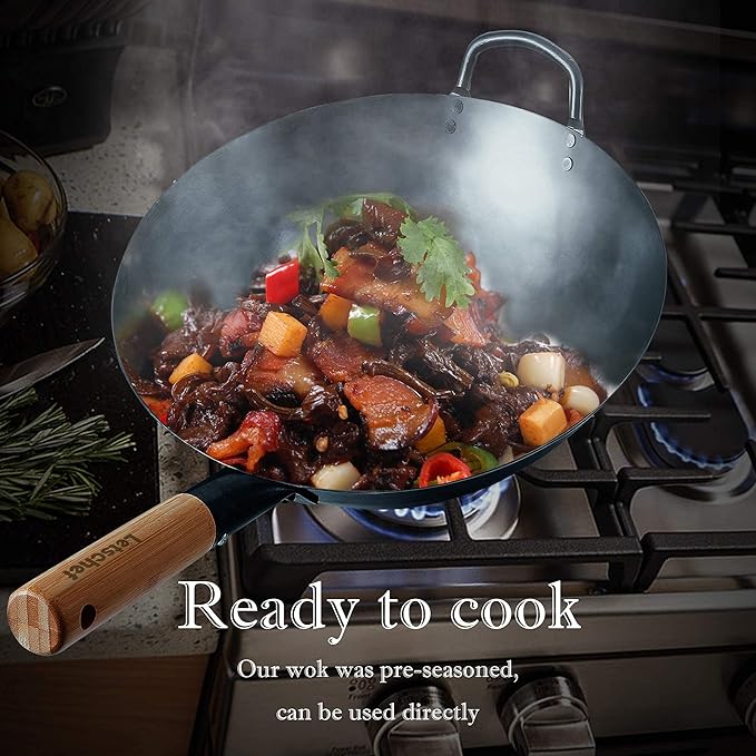 14 inch Carbon Steel Wok with Round Bottom-Free Chemical cookware for Gas Stoves, Open Fire-Hand Hammered Chinese Traditional Wok with Bamboo Handle(No lid included)