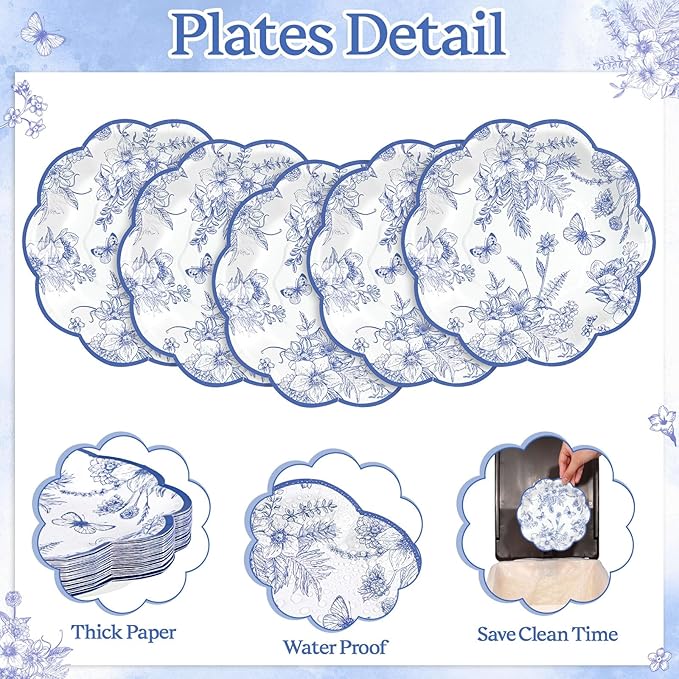 30 Pcs Blue Floral Paper Plates, 7 Inch Tea Party Plates Vintage Chinoiserie Flower Plate Disposable Blue and White Dessert Plate for Spring Garden Party Baby & Bridal Shower Birthday Wedding