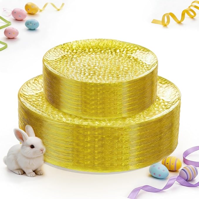 Rubtlamp 60 Pcs Yellow Plastic Plates, Hammered Heavy Duty Disposable Plates, Fancy Party Platos Include 30 Yellow Dinner Plate,30 Disposable Dessert Plate for Easter Daily Reception