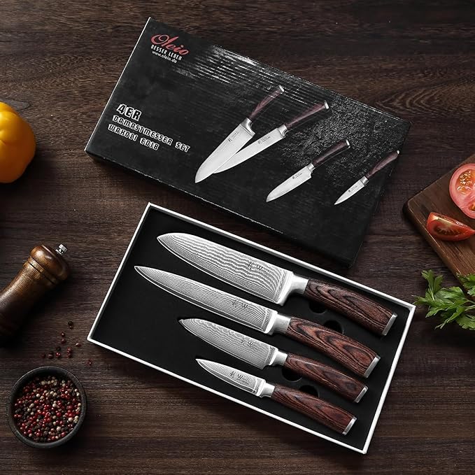 Wakoli EDIB 4-Piece Damascus Knife Set – Professional Chef Knives Set with VG10 Core Blades, 67-Layer Damascus Steel and Ergonomic Pakkawood Handles – Premium Kitchen Knives in Elegant Gift Box