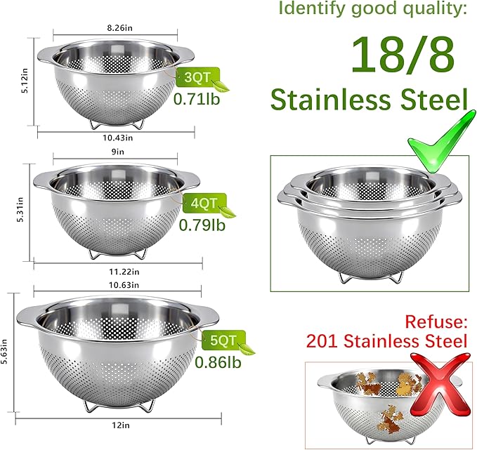 18/8 Stainless Steel Strainer and Colander for Kitchen, Pasta Strainer with Handle, Metal Colander for Spaghetti, Rice, Fruit, Vegetables, Noodles and Eggs, Collander and Sieve （3QT）