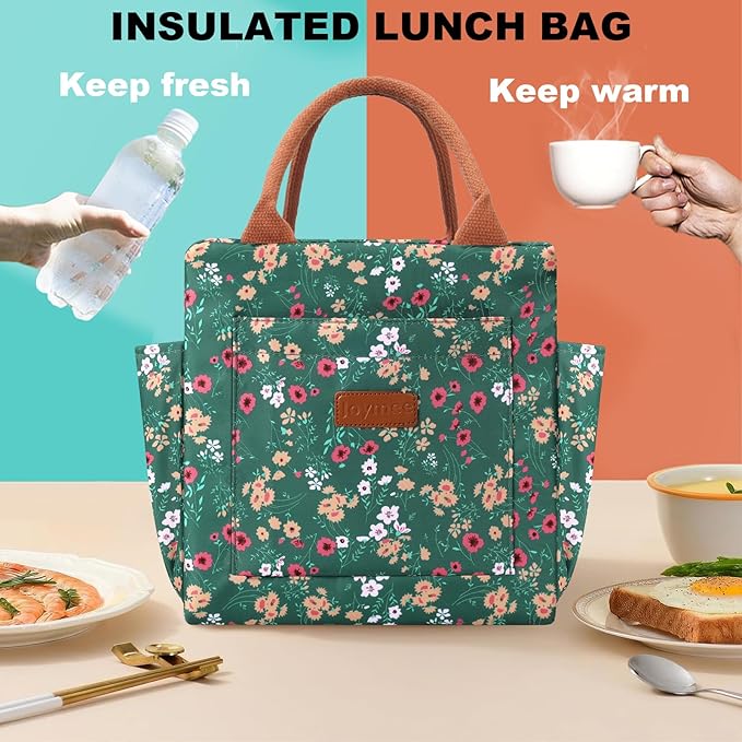 Joymee Lunch Bag Women Insulated Lunch Box Reusable Leakproof Large Spacious Cooler Tote for Women Men Adult with Bottle Holder and Side Pockets for Work Office Travel Picnic -Green Floral