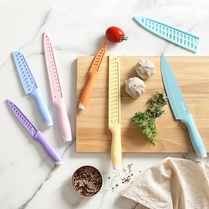Knife Set, 13 PCS Kitchen Knives Set with Nonstick Ceramic Anti-Rust Coating, Stainless Steel Chef Knife Sets with 6 Blade Guards, Dishwasher Safe, House Warming Gifts New Home