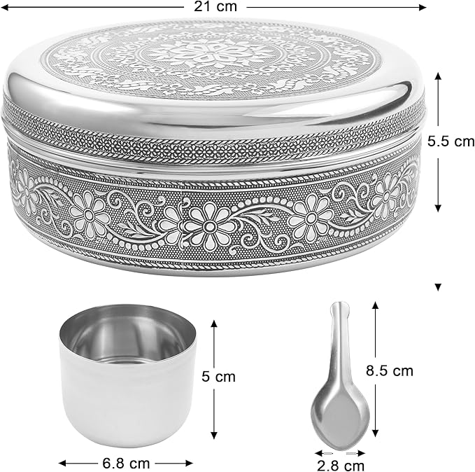 Designer Spice Container Masala Dabba, 7 Spice Jars, Holds 7 Spices, Spice Container Box, Polished Stainless Steel with 7 Serving Spoons, Indian Masala Dabba with Lid, 8 Inch
