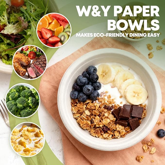 W&Y 12 oz Paper Bowls, 100-Count Disposable Compostable Bowls, Microwave Safe & Heavy Duty, Biodegradable Sugarcane Fiber Bowl for Hot Soup, Salad, Snacks, and Party Use