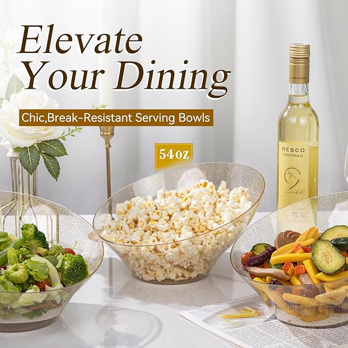 Liacere 16PCS Gold Plastic Serving Bowls - 54 OZ Angled Table Salad and Fruit Bowls Disposable for Chip & Candy - Ideal for Party & New Year