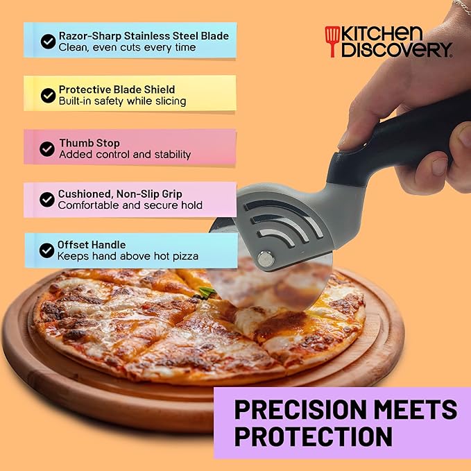 Stainless Steel Pizza Cutter – Kitchen Discovery – Pizza Wheel Cutter Slices Cleanly Through Gooey Cheese, Thick Toppings and Crispy Crust – Built In Safety Features Protect Hands