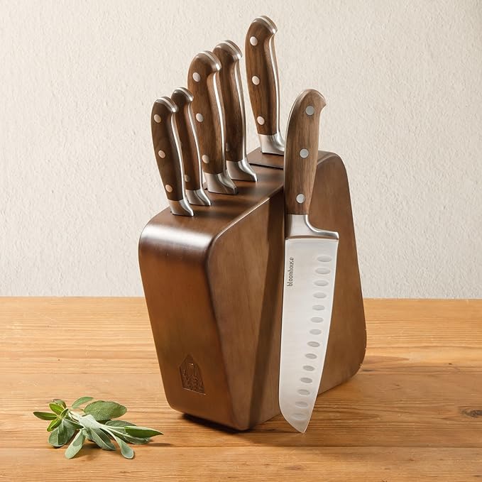 Bloomhouse 7 Piece Italian Walnut Wood Knife Block Set W/German Steel Forged Knives