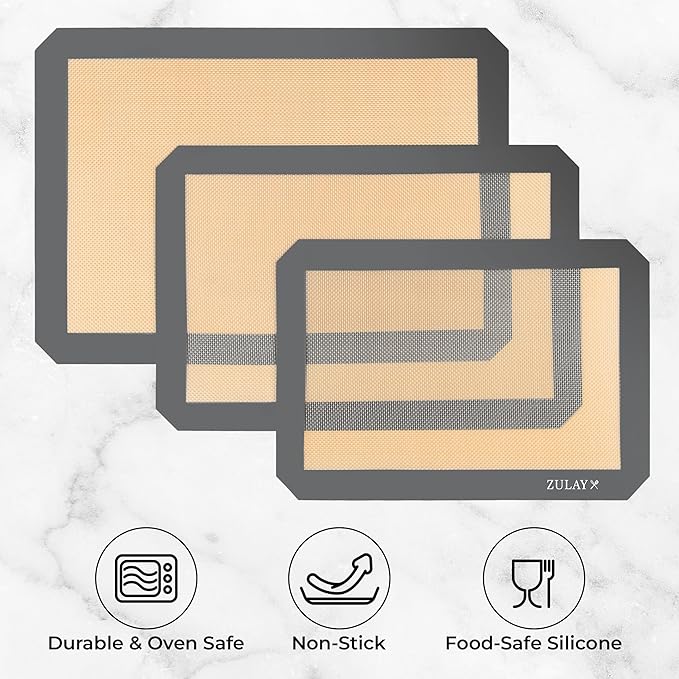 Zulay Kitchen Silicone Baking Mat Sheet 3-Pack (3 sizes) - Reusable Silicone Baking Sheet - Easy & Convenient Nonstick Baking Supplies - Silicone Mats for Baking - Baking Mat For Oven - (Dark Gray)