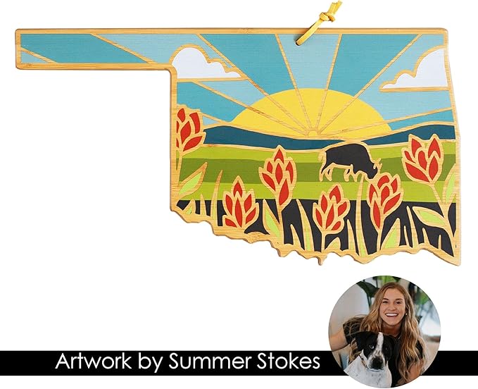 Totally Bamboo Oklahoma State Shaped Cutting Board and Charcuterie Serving Platter with Artwork by Summer Stokes, Includes Hang Tie for Wall Display Varies